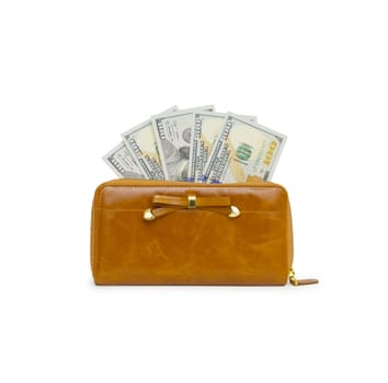 Purse with hundred dollar banknote isolated on white background cutout
