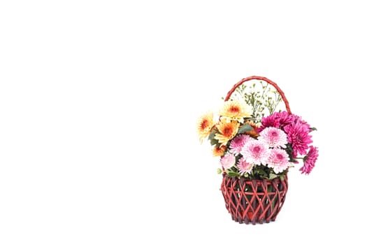 Flower in wooden handmade basket isolated on white background