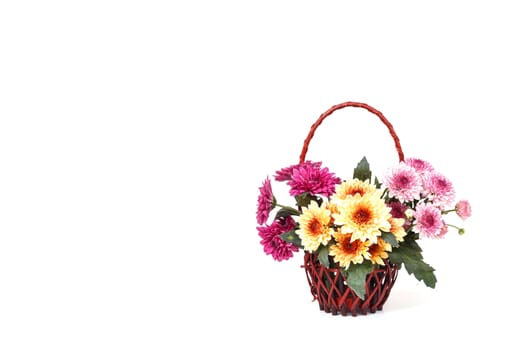 Flower in wooden handmade basket isolated on white background