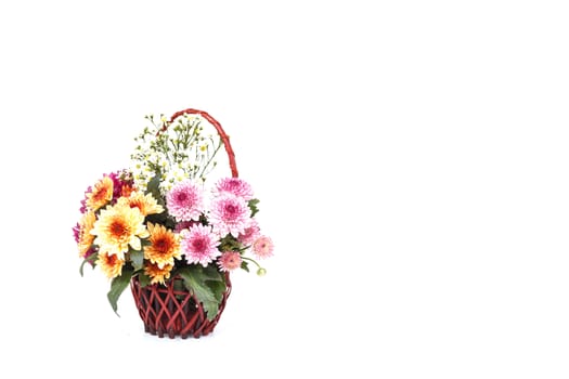 Flower in wooden handmade basket isolated on white background