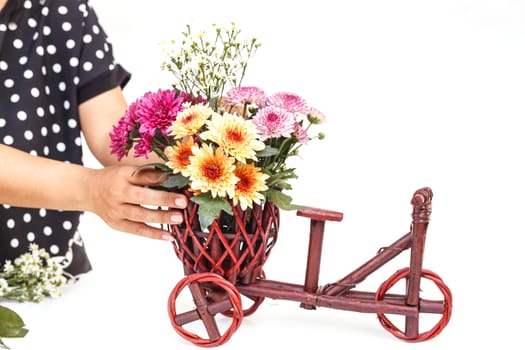 Hand holding Flower in wooden handmade basket isolated on white background