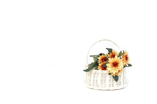 Flower in wooden handmade basket isolated on white background