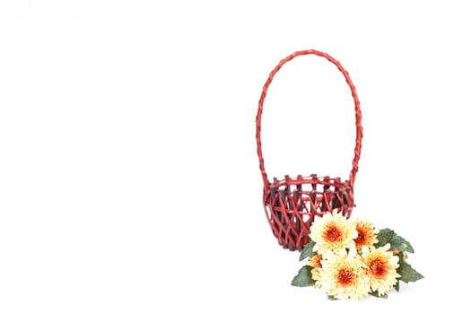 Flower in wooden handmade basket isolated on white background