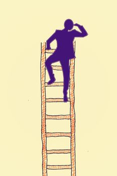 Search concept, man climbing to the top of a ladder and searching