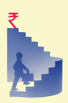 Businessman stepping up a staircase