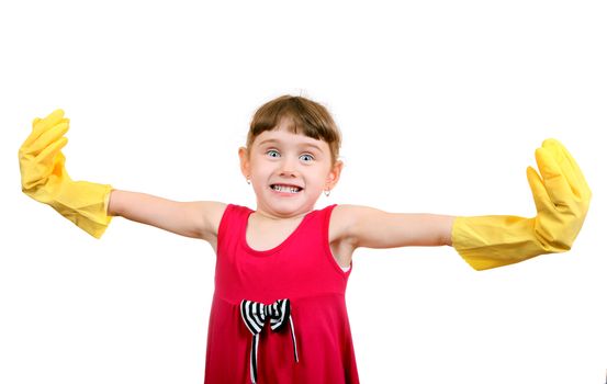 Cheerful Little Girl in Rubber Gloves Isolated on the White Background