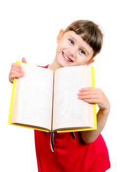 Cheerful Little Girl with a Book Isolated on the White Background