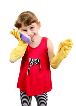 Cheerful Little Girl with Bath Sponge and Rubber Gloves Isolated on the White