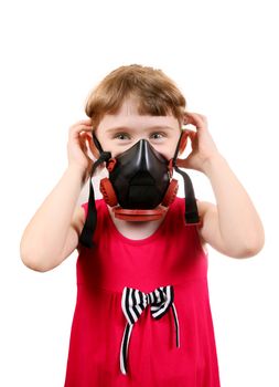 Cheerful Little Girl in in Gas Mask Isolated on the White Background