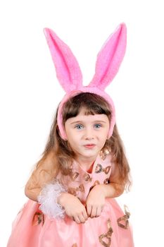 Little Girl with Bunny Ears Isolated on the White Background