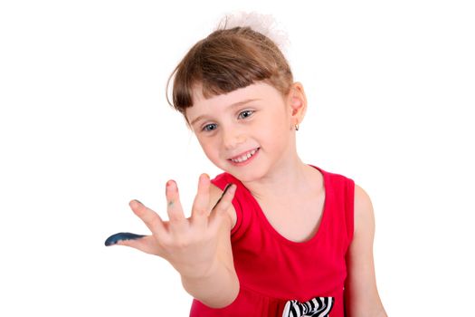 Little Girl looking on the stained Palm on the White Background