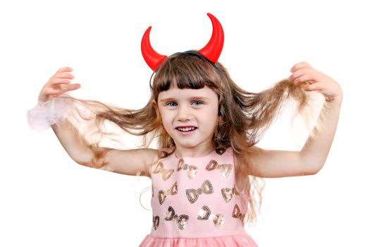 Cheerful Little Girl with Devil Horns on the White Background