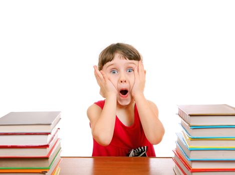 Surprised Little Girl with the Books on the White Background