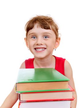 Little Girl with the Books on the White Background