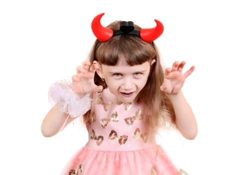 Little Girl with Devil Horns on the White Background