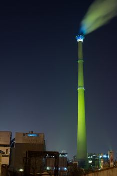 Smoking Chimney of thermal power plant in night