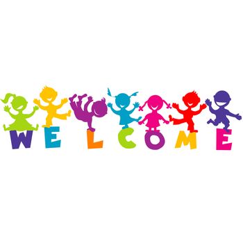 Illustration with word WELCOME and happy children