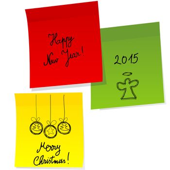 Sheets of paper with doodle Christmas and Happy New Year messages