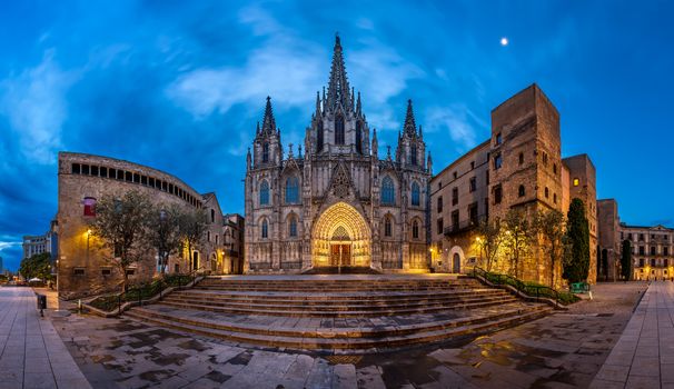 Panorama of Cathedral of the Holy Cross and Saint Eulalia in the Morning, Barri Gothic Quarter, Barcelona, Catalonia