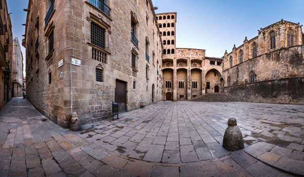 Torre Mirador and Palau del Lloctinent at Placa del Rei in the Morning in Barcelona, Catalonia, Spain