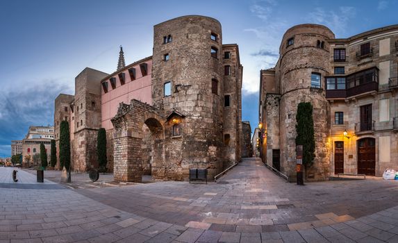 Panorama of Ancient Roman Gate and Placa Nova in the Morning, Barri Gothic Quarter, Barcelona, Catalonia, Spain