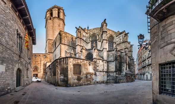 Panorama of Cathedral of the Holy Cross and Saint Eulalia, View from Freneria Street, Barcelona, Catalonia, Spain