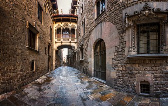 Barri Gothic Quarter and Bridge of Sighs in Barcelona, Catalonia, Spain