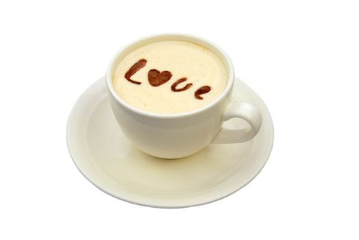 Photo of a white cup of coffee isolated on white background with 'love' drawing on the foam. Food photography.