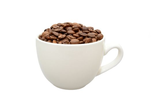 Photo of a cup of with coffee beans. White color cup isolated on white background. Food photography.