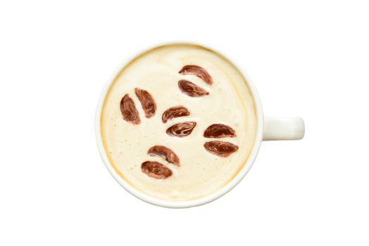 Photo of a white cup of coffee isolated on white background. View from above with coffee beans drawing on the foam. Food photography.