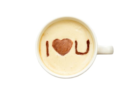 Photo of a white cup of coffee isolated on white background. View from above with 'I love you' drawing on the foam. Food photography.