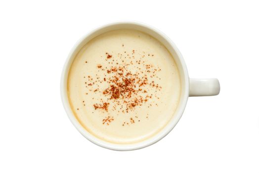 Photo of a white cup of coffee with cinnamon isolated on white background. View from above. Food photography.