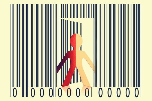 Paperman coming out of a bar code to go out