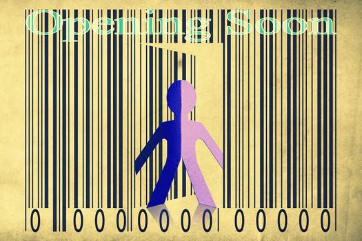Paperman coming out of a bar code with Opening soon Words