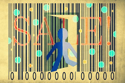 Paperman coming out of a bar code with Sale Word