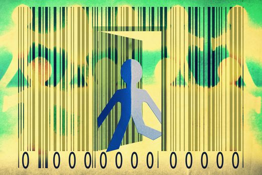 Paperman coming out of a bar code to go out