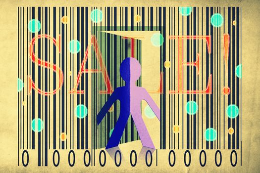 Paperman coming out of a bar code with Sale Word