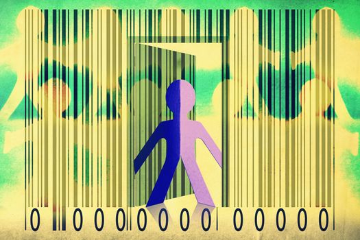 Paperman coming out of a bar code to go out