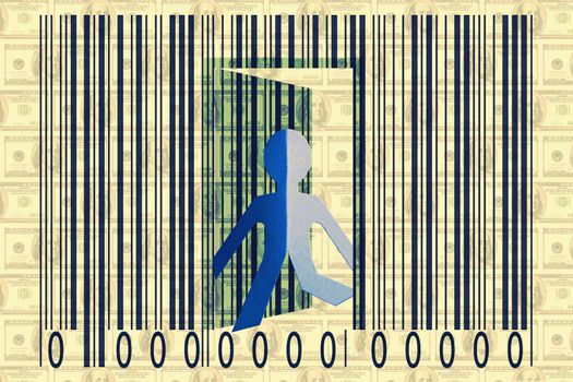 Paperman coming out of a bar code with Dollars as Backround