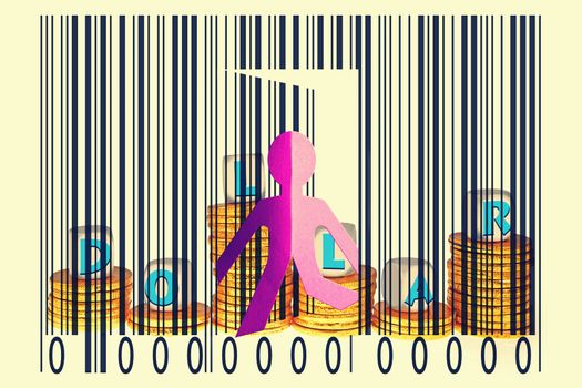 Paperman coming out of a bar code with Dollars word