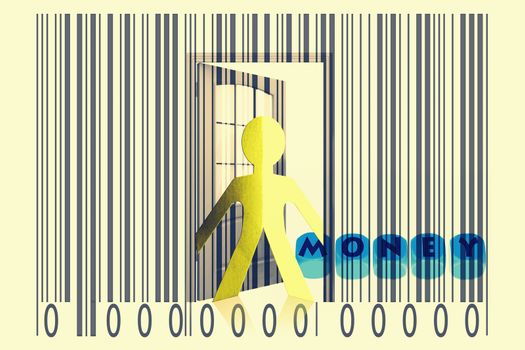 Paperman coming out of a bar code with Money word