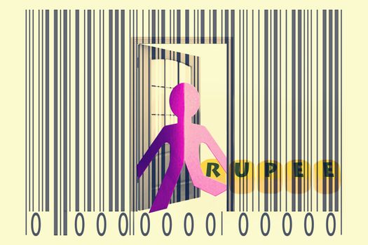 Paperman coming out of a bar code with Rupee word