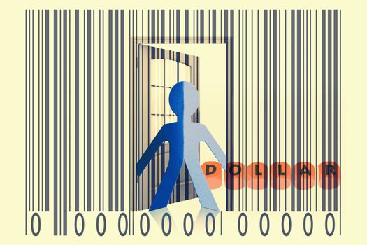 Paperman coming out of a bar code with Dollar word
