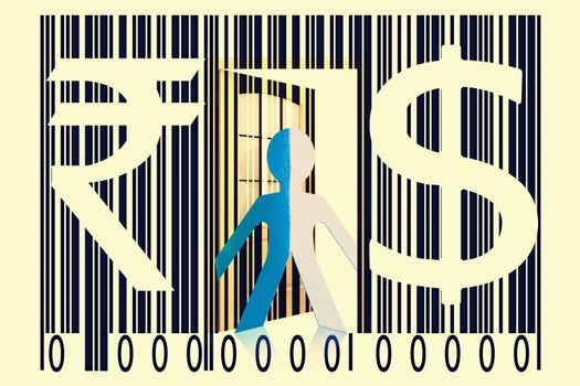 Paperman coming out of a bar code with Dollar and Rupee Signs