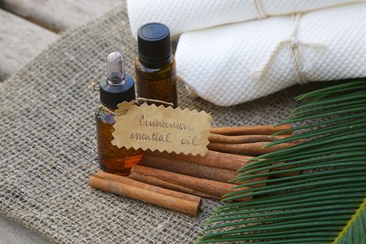 A dropper bottle of cinnamon essential oil. Cinnamon sticks in the background