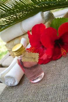 A bottle of hibiscus shampoo. Flowers of hibiscus in the background