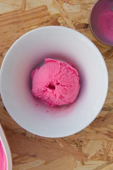 Red berries ice-cream in a white dish