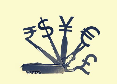 Swiss Knife with different currency symbols, Concept