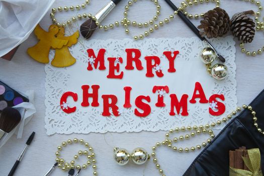 Christmas background for make-up artists with inscription "Merry Christmas"