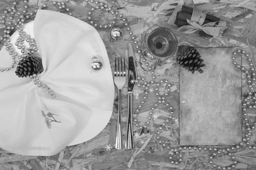 A part of festive table. Top view. Background. Black and white